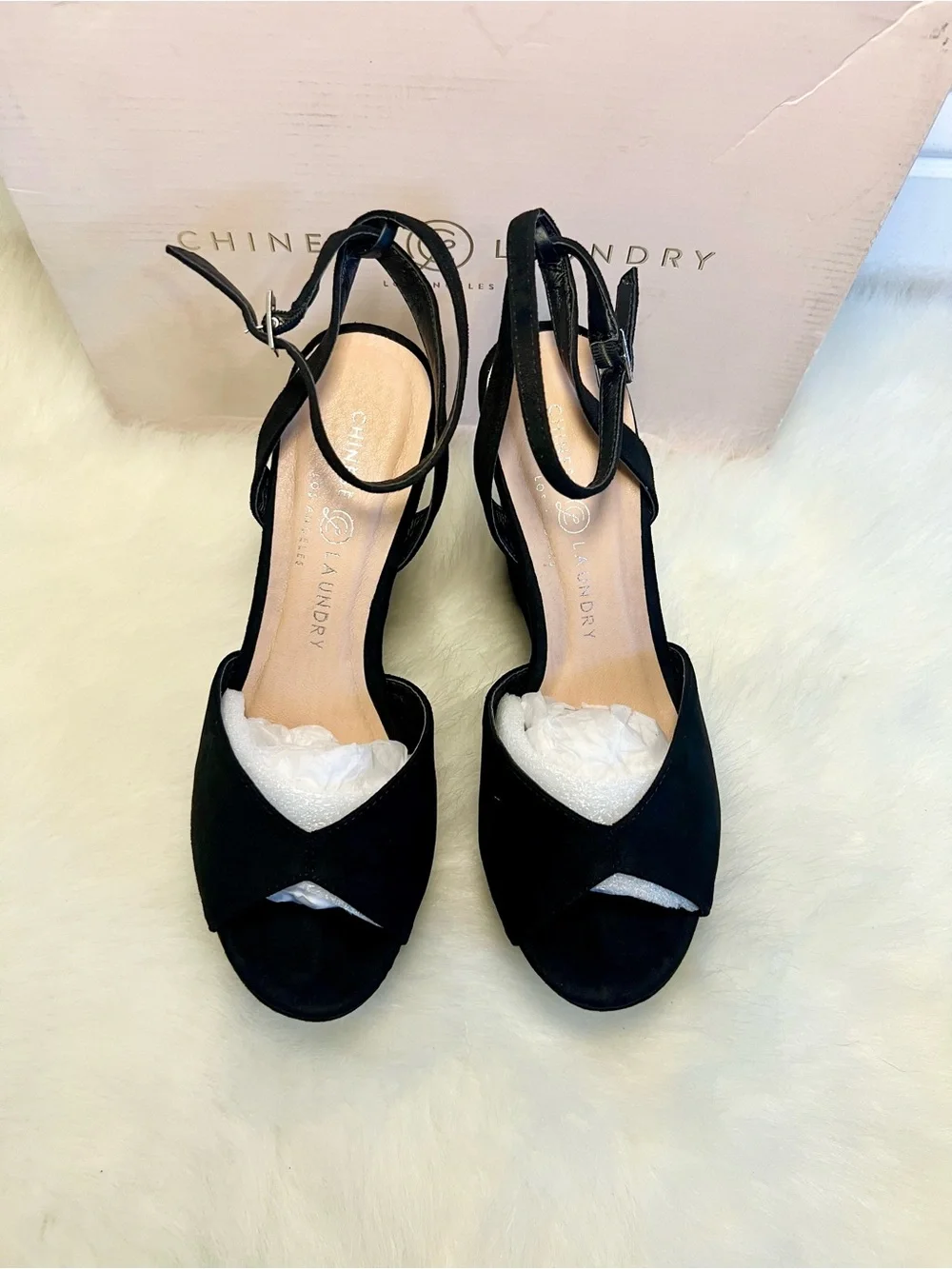 Chinese Laundry Ellia Black Suede Wedge Sandals with Ankle Strap